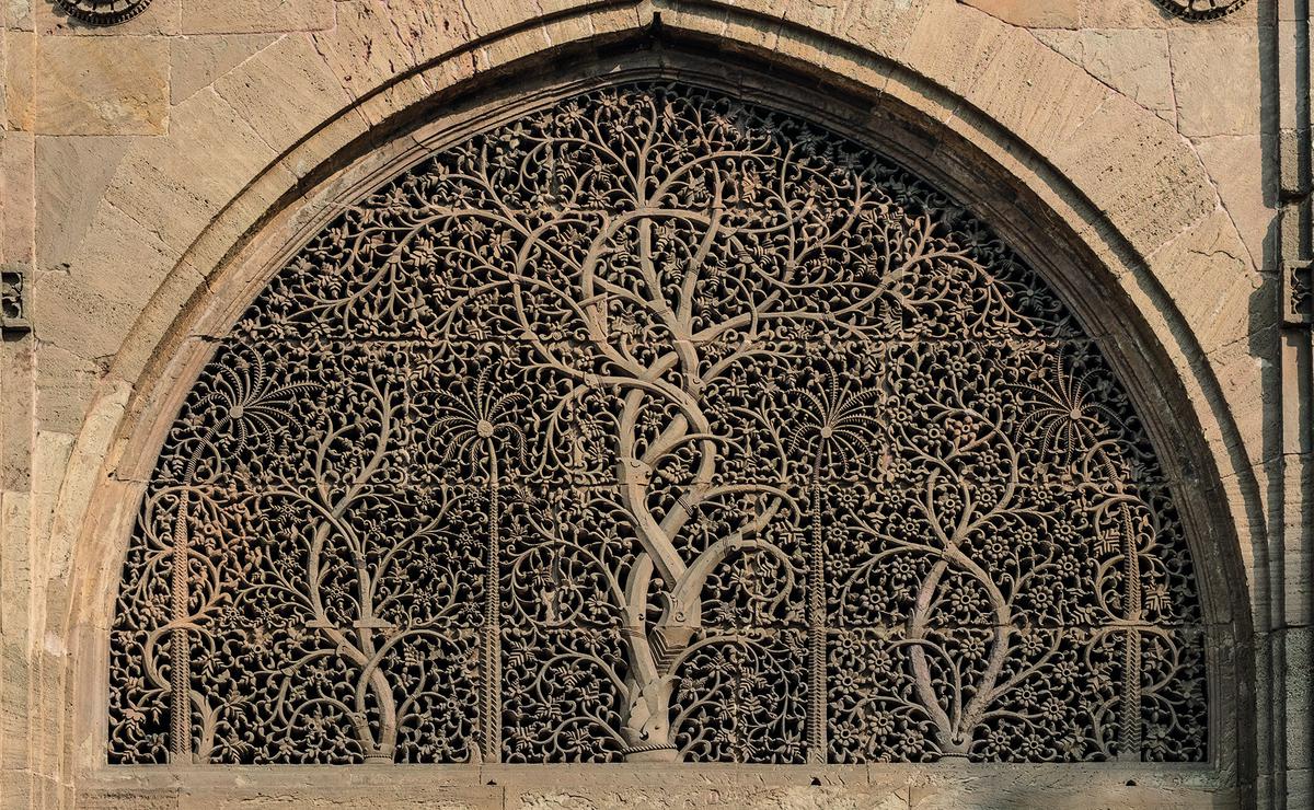 An arched jali with seven trees, Sidi Sayyid Mosque, Ahmedabad, Gujarat,