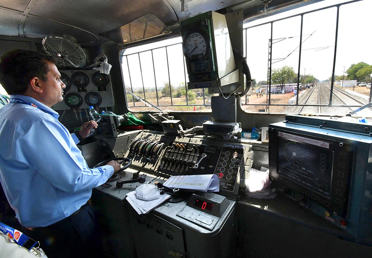 A locomotive pilot is seen operating a ‘Kavach’ installation. The system applied brakes automatically in a locomotive at Pulimamida in Vikarabad district on March 4, 2022, during a test conducted by the South Central Railway.