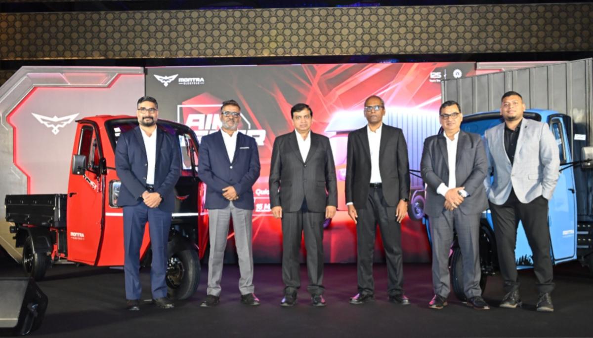 From left: Saju Nair, CEO-Small Commercial Vehicles; Roy Kurian, Business Head - Last Mile Mobility, Montra Electric; Jalaj Gupta, Managing Director, TI Clean Mobility Private Limited; Balakrishnan, Head Engineering - Last Mile, Montra Electric;  Himanshu Aggarwal, National Sales & Service Head, Last Mile, Montra Electric; and Arun Vinayak, Co-Founder, Exponent Energy at the launch of Montra Electric Super Cargo in Bengaluru