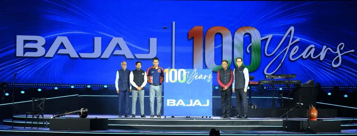 Left to Right - Shekhar Bajaj, Chairman & MD, Bajaj Electricals Limited; Nirav Bajaj, CEO & MD, Bajaj Integrated Health System; Rajiv Bajaj, MD, Bajaj Auto; Niraj Bajaj, Chairman Bajaj Auto & CMD Mukund Limited; Sanjiv Bajaj, CMD, Bajaj Finserv Limited during the 100 year celebrations and Bajaj at 100 logo unveiling.