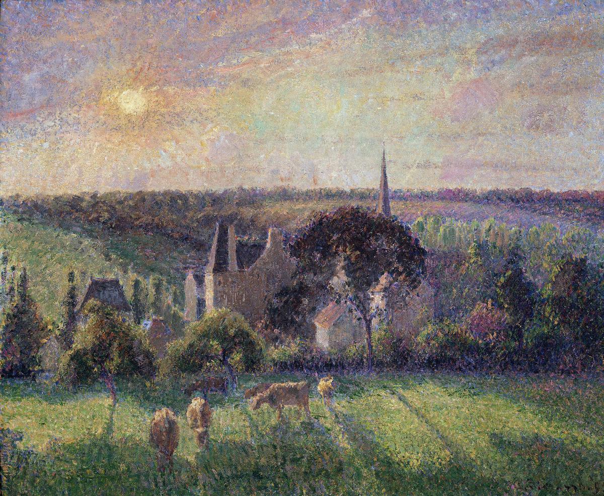 Paesaggio ad Eragny, chiesa e fattoria di Camille Pissarro. Guarda i tratti viola ovunque. Paesaggio ad Eragny, chiesa e fattoria di Camille Pissarro. Guarda i tratti viola ovunque.
