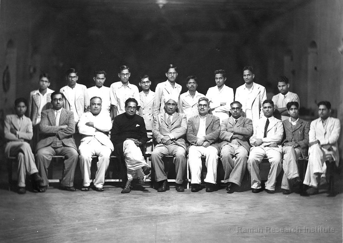 C.V. Raman and K.S. Krishnan (fourth from the left) with research students. C.V. Raman and K.S. Krishnan (fourth from the left) with research students.