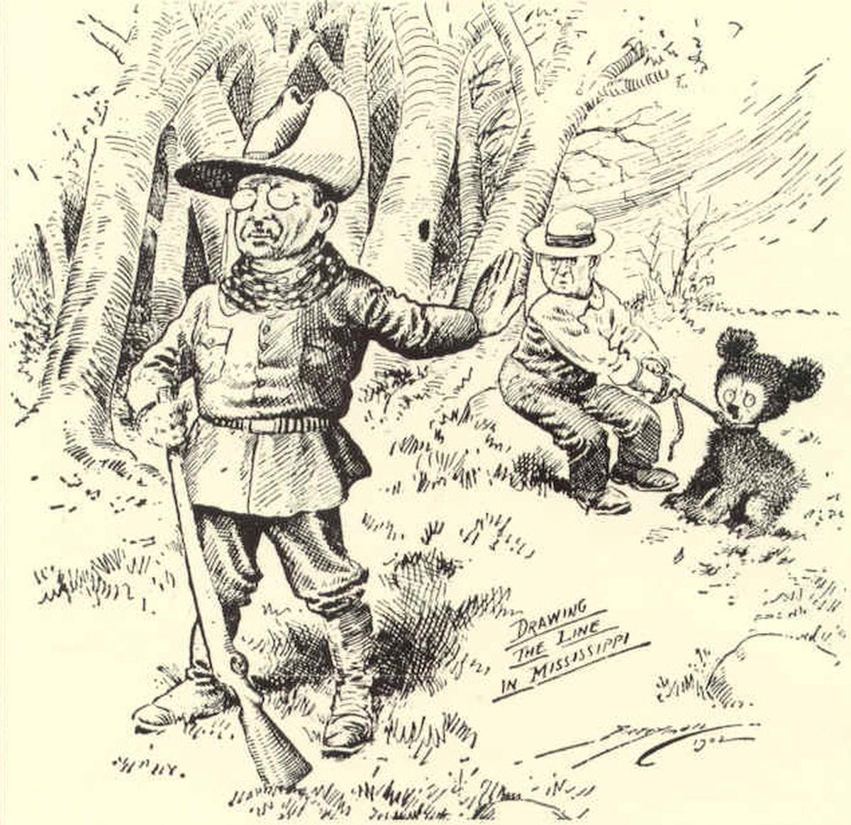 The political cartoon by Clifford Berryman depicts President Theodore Roosevelt’s bear-hunting trip to Mississippi. It was published in The Washington Post in 1902.