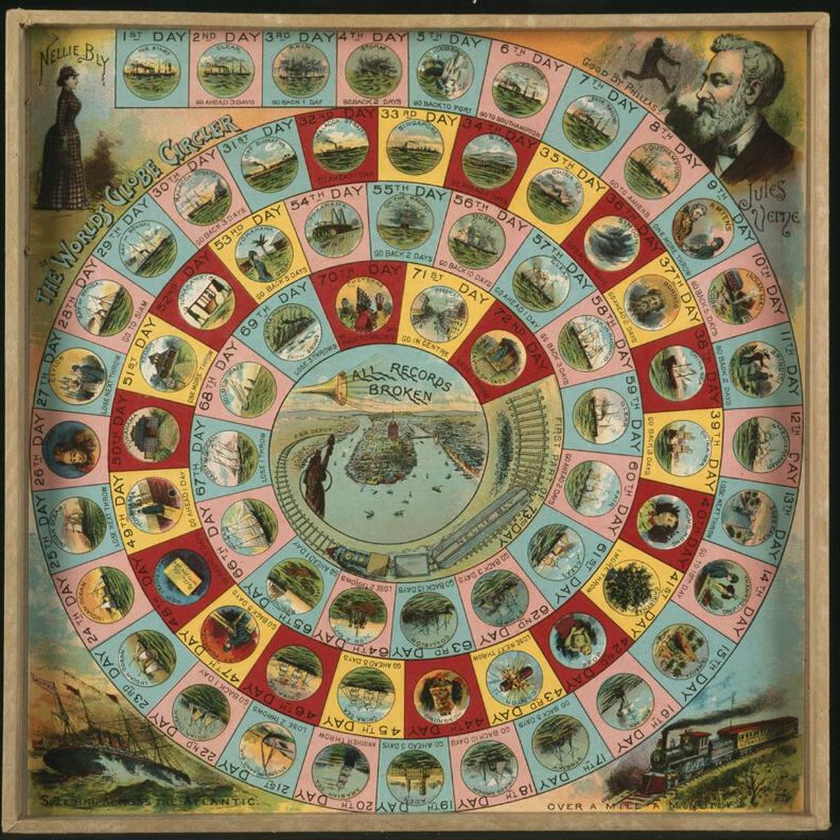 Round the World with Nellie Bly is a board game published in 1890 by McLoughlin Bros. of New York to commemorate journalist Nellie Bly’s record-breaking trip around the world in 1889–1890.