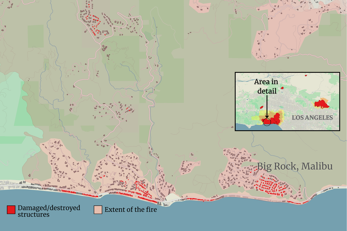 Source: Damage analysis of Copernicus Sentinel-1 satellite data by Corey Scher of CUNY Graduate Center and Jamon Van Den Hoek of Oregon State University. Oak Ridge National Laboratory (ORNL); Federal Emergency Management Agency (FEMA) Geospatial Response Office USA Structures; Map: Gautam Doshi