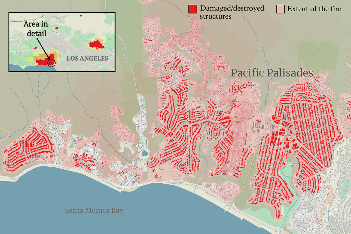 Source: Damage analysis of Copernicus Sentinel-1 satellite data by Corey Scher of CUNY Graduate Center and Jamon Van Den Hoek of Oregon State University. Oak Ridge National Laboratory (ORNL); Federal Emergency Management Agency (FEMA) Geospatial Response Office USA Structures; Map: Gautam Doshi