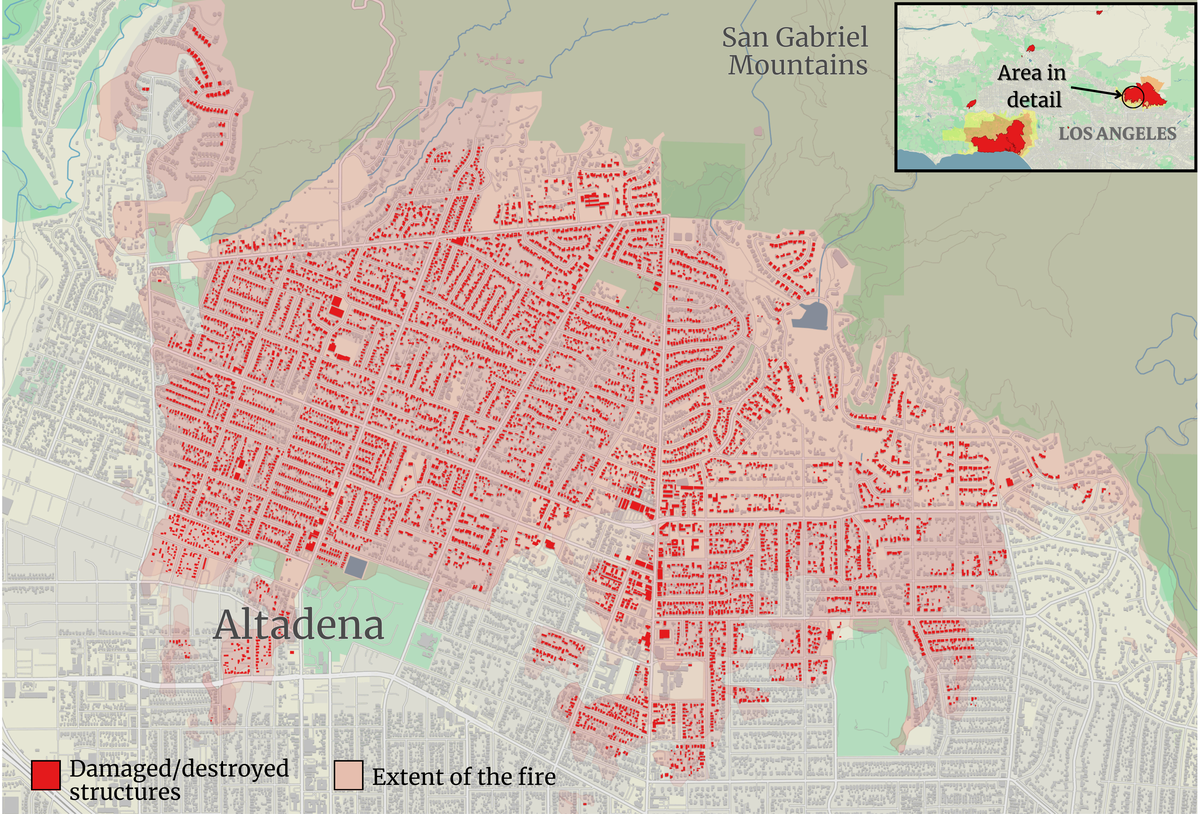 Source: Damage analysis of Copernicus Sentinel-1 satellite data by Corey Scher of CUNY Graduate Center and Jamon Van Den Hoek of Oregon State University. Oak Ridge National Laboratory (ORNL); Federal Emergency Management Agency (FEMA) Geospatial Response Office USA Structures; Map: Gautam Doshi