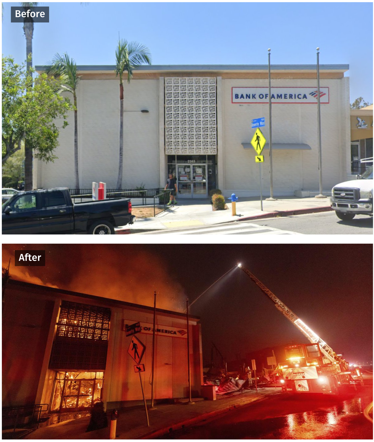 Bank of America branch in Altadena before and after the being destroyed by the Eaton fire. Top photo: Google Street View