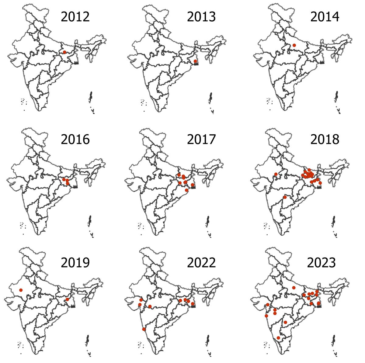 लाल बिंदु उस विशेष वर्ष में हुई झड़पों के स्थान का संकेत देते हैं।  लाल बिंदु उस विशेष वर्ष में हुई झड़पों के स्थान का संकेत देते हैं।