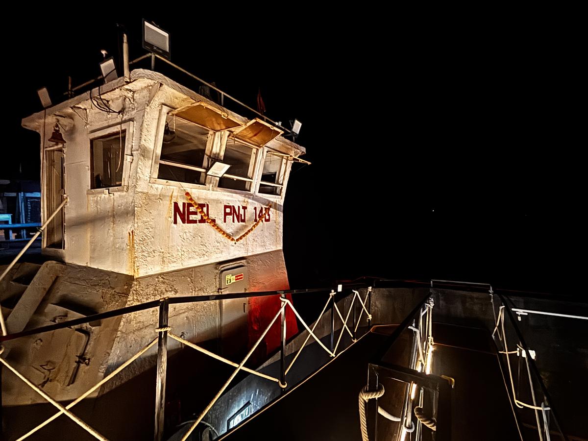 Prajakta Potnis’ Elegy in Light set on a retired barge at Serendipity Arts Festival.