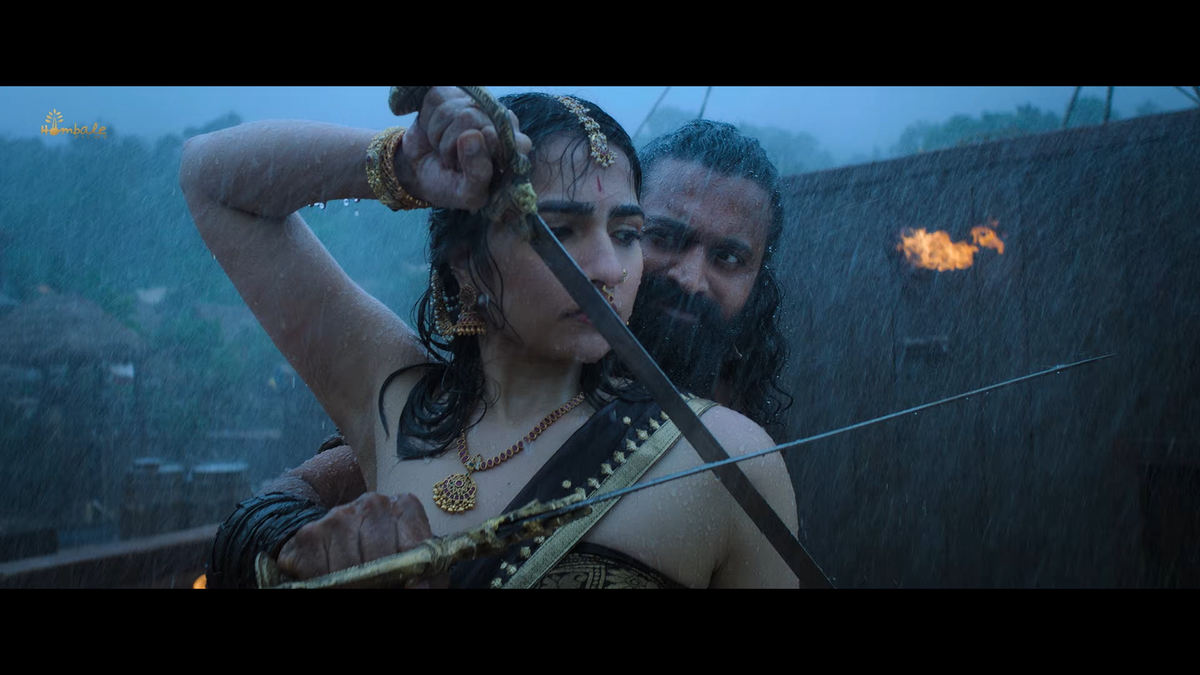 Rishab Shetty and Rukmini Vasanth in the song ‘Madana Mana Mohini’ from ‘Kantara: Chapter 1’. Rishab Shetty and Rukmini Vasanth in the song ‘Madana Mana Mohini’ from ‘Kantara: Chapter 1’.