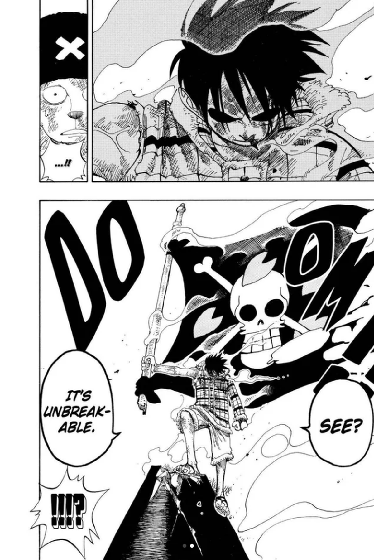 A panel from the ‘One Piece’ manga depicts Monkey D. Luffy standing resolute, not letting a Jolly Roger fall A panel from the ‘One Piece’ manga depicts Monkey D. Luffy standing resolute, not letting a Jolly Roger fall