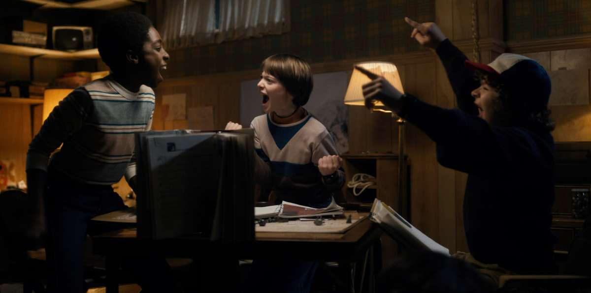 (L-R) Caleb McLaughlin as Lucas Sinclair, Noah Schnapp as Will Byers and Gaten Materazzo as Dustin Henderson, in a still from ‘Stranger Things’