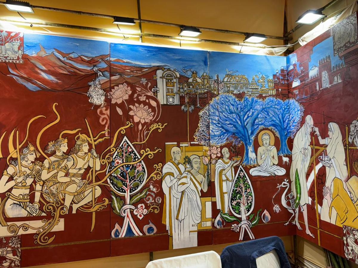 Recreations of Nandalal Bose original hand-painted illustrations that accompanied the Constitution in 1950 by artist Nilanjan Chowdhury at the National Foundation for India’s Constitution Curious pop-up stall in collaboration with Reclaim Constitution, at the Uday Shankar Park Durgotsab, Greater Kailash II, Delhi