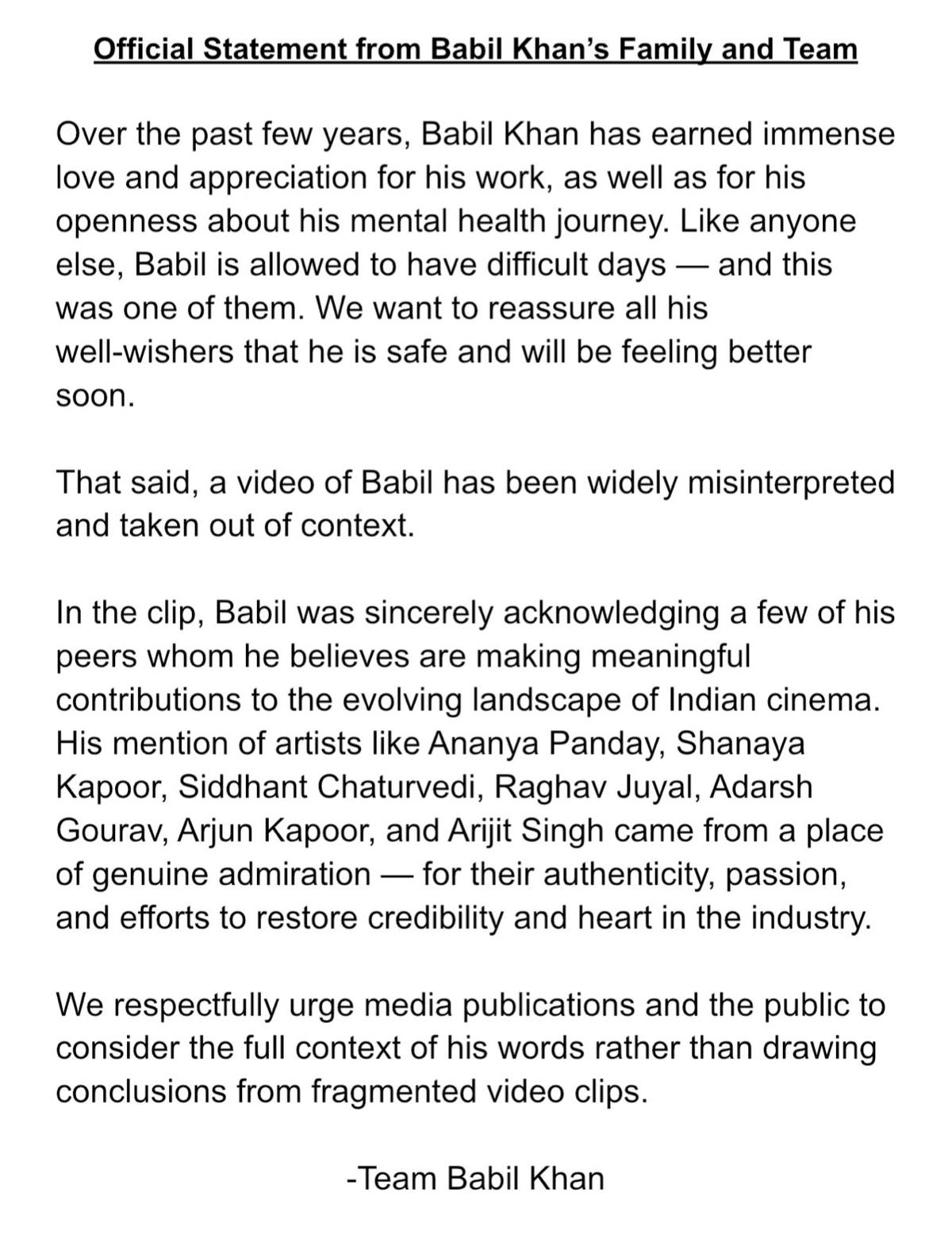 बाबिल खान के परिवार और टीम द्वारा जारी किया गया बयान बाबिल खान के परिवार और टीम द्वारा जारी किया गया बयान