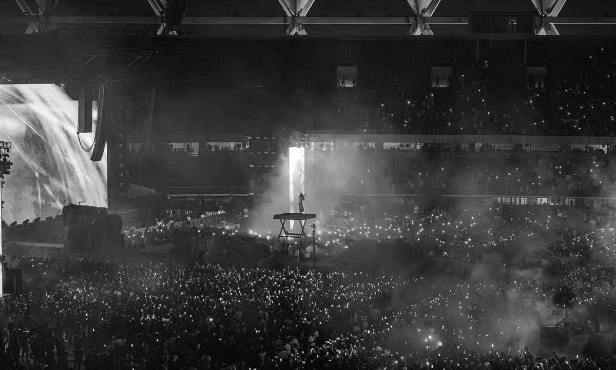 Travis Scott performs on stage during his Circus Maximus concert at Delhi’s Jawaharlal Nehru Stadium, on October 18, 2025