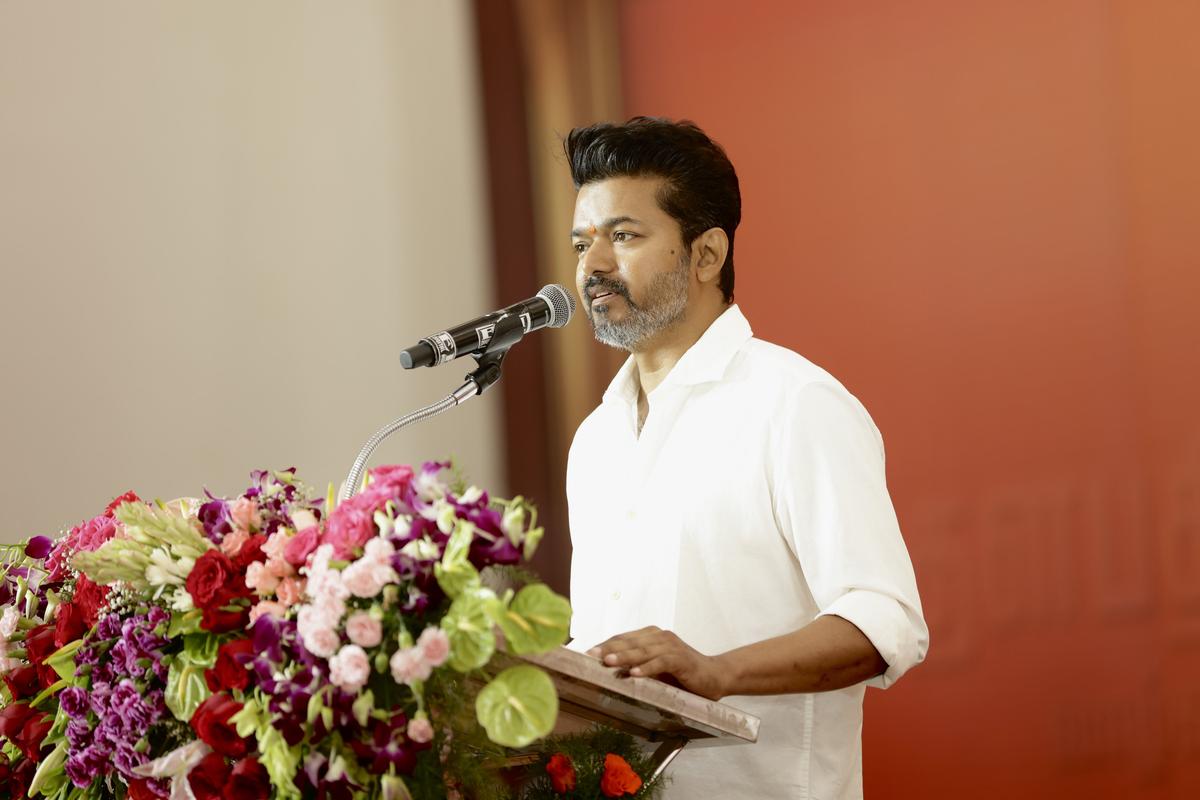 Actor and leader of Tamizhaga Vettri Kazhagam (TVK), Vijay, speaks at the special meet-and-greet he hosted on Friday in Chennai to honour students who topped in the recently held 10th and 12th-grade examinations