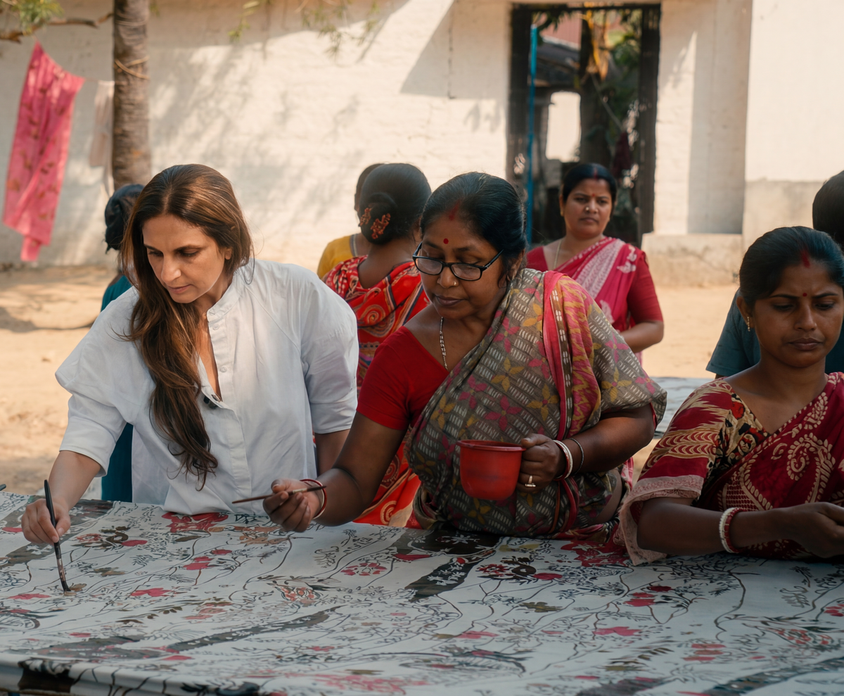 मोनिका शाह (बाएं) कसाब-ज़री पर काम कर रहे मास्टर कारीगरों के साथ। मोनिका शाह (बाएं) कसाब-ज़री पर काम कर रहे मास्टर कारीगरों के साथ।