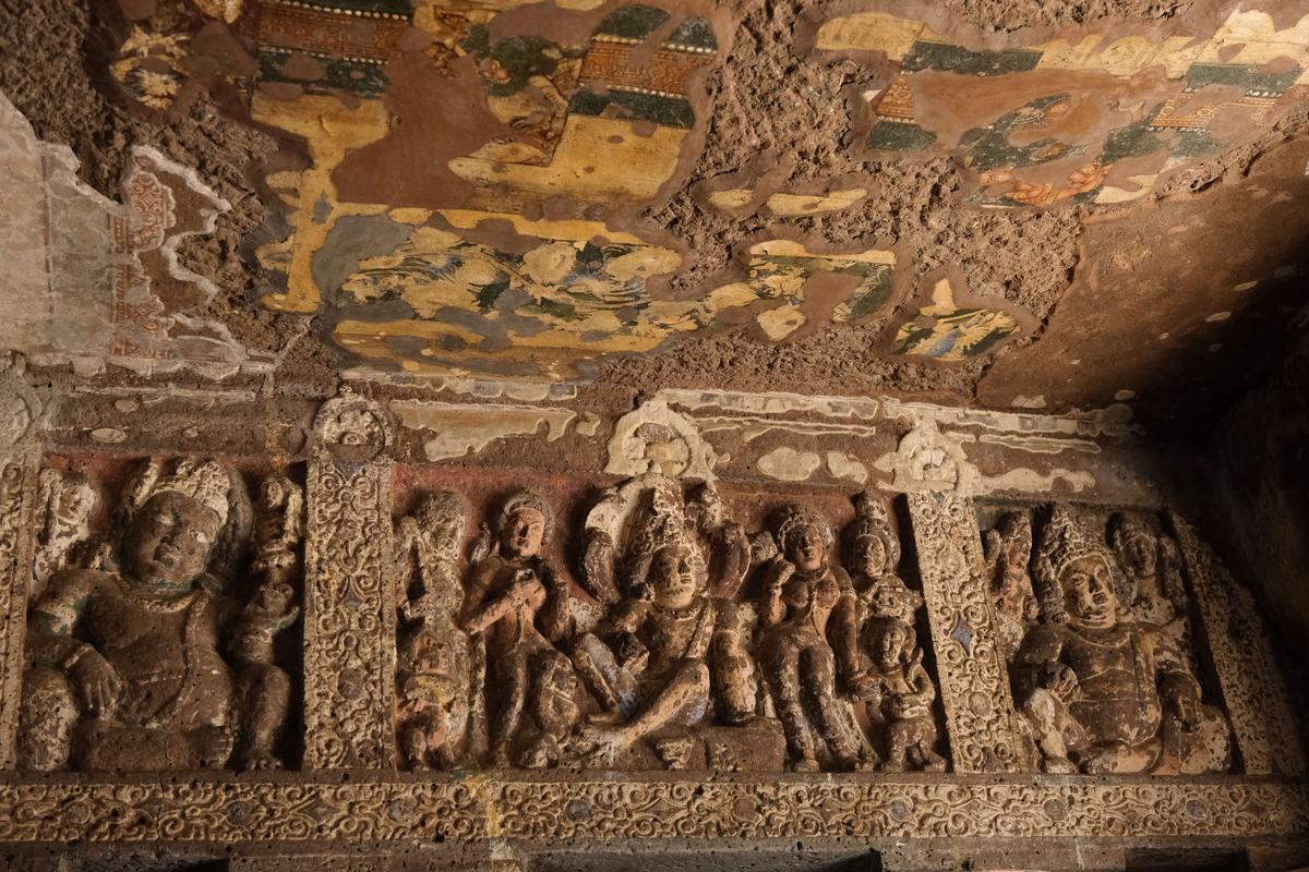 Murals and frescoes inside the Ajanta and Ellora caves.