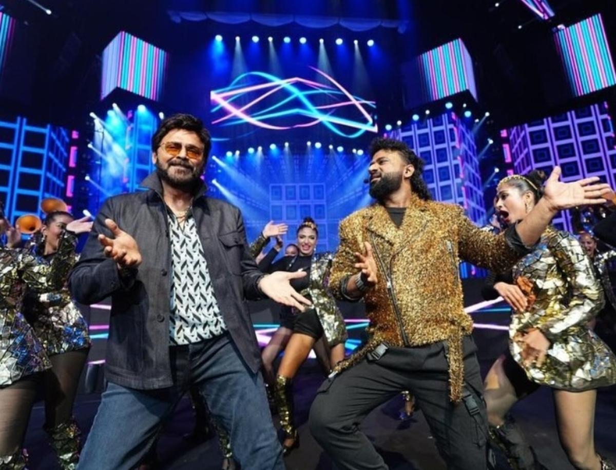 Venkatesh and Devi Sri Prasad perform during the IIFA Utsavam at the Etihad Arena in Abu Dhabi