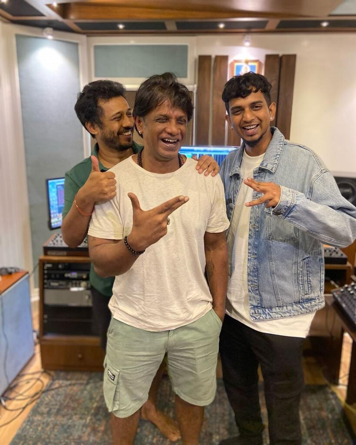 Charan Raj, Duniya Vijay and MC Bijju during the recording session of a song for ‘Bheema’.