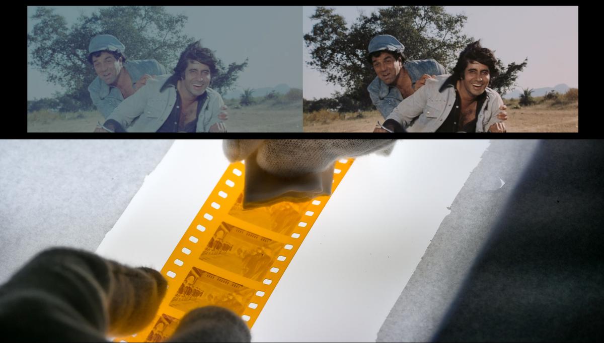 (acima) Uma imagem combinada que mostra uma foto de Sholay antes e depois da restauração e (abaixo) O filme de Sholay sendo restaurado (acima) Uma imagem combinada que mostra uma foto de Sholay antes e depois da restauração e (abaixo) O filme de Sholay sendo restaurado