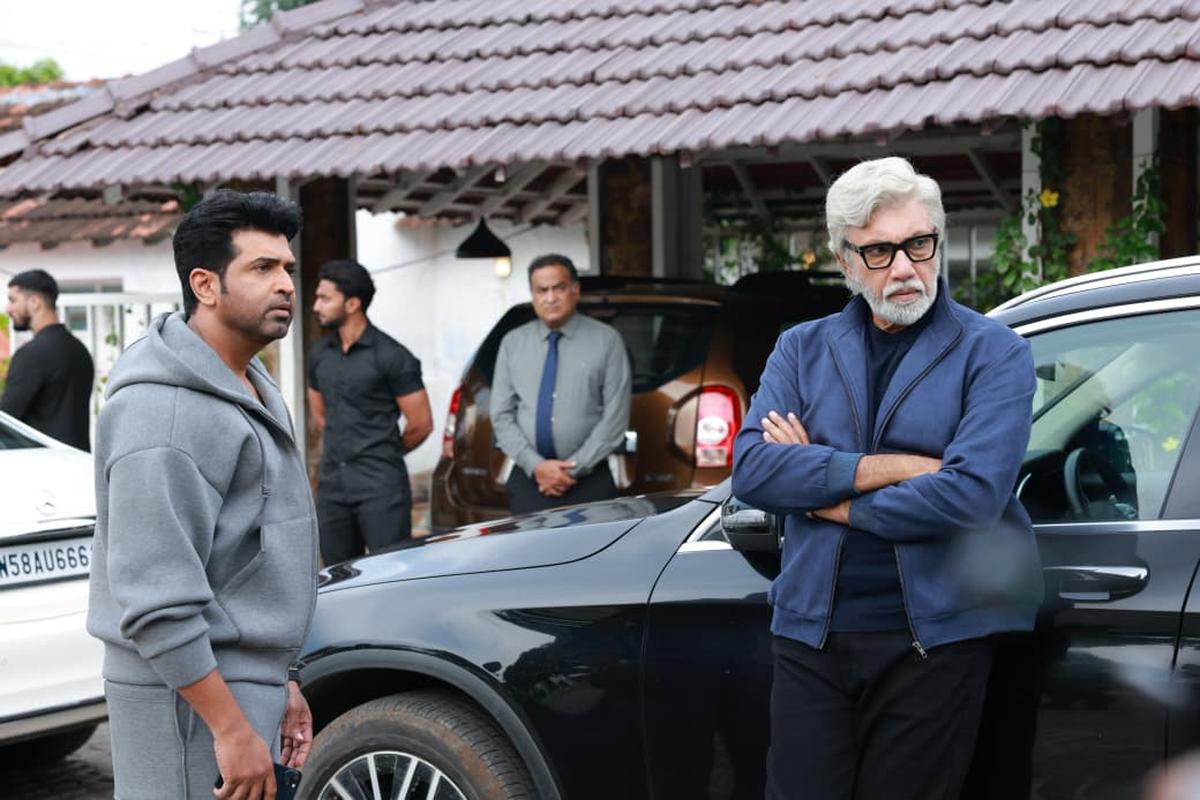 Arun Vijay and Sathyaraj in a still from ‘Idli Kadai’