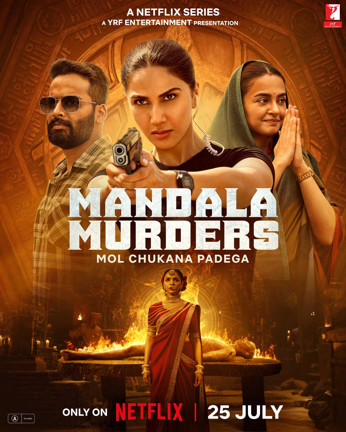 Promotional poster for 'Mandala Murders' featuring the lead actors.