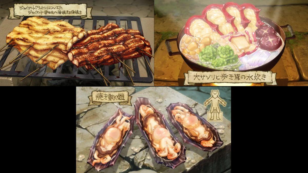 Kabayaki-style kraken parasite (L), scorpion hot pot (R) amd grilled living armour (Bottom) from ‘Delicious in Dungeon’