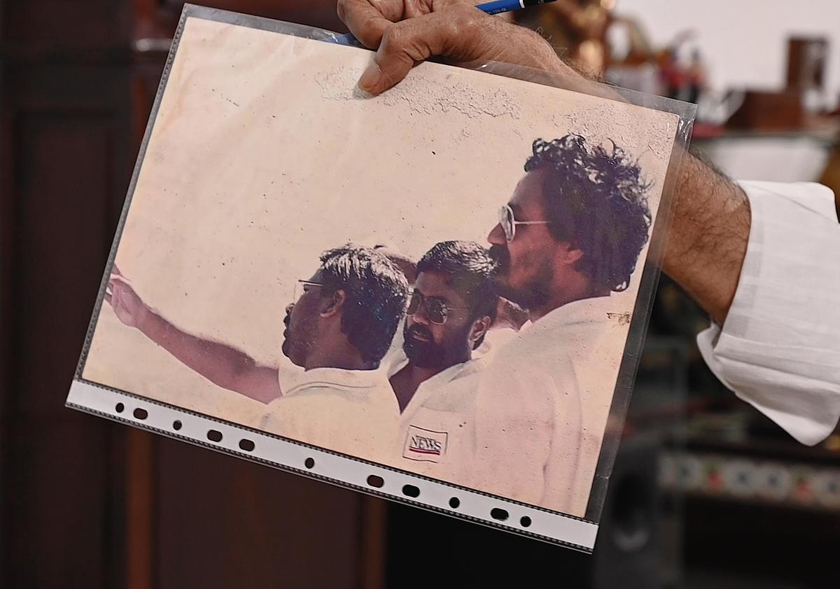 A file photo of Mani Ratnam, PC Sreeram and Thota Tharani on a film set