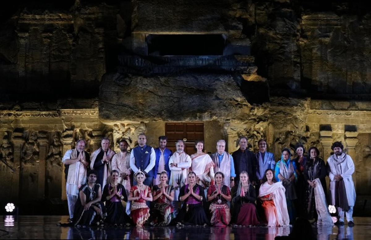 Diplomats, speakers, artists and performers at Ellora caves as part of AIKYAM 2025.