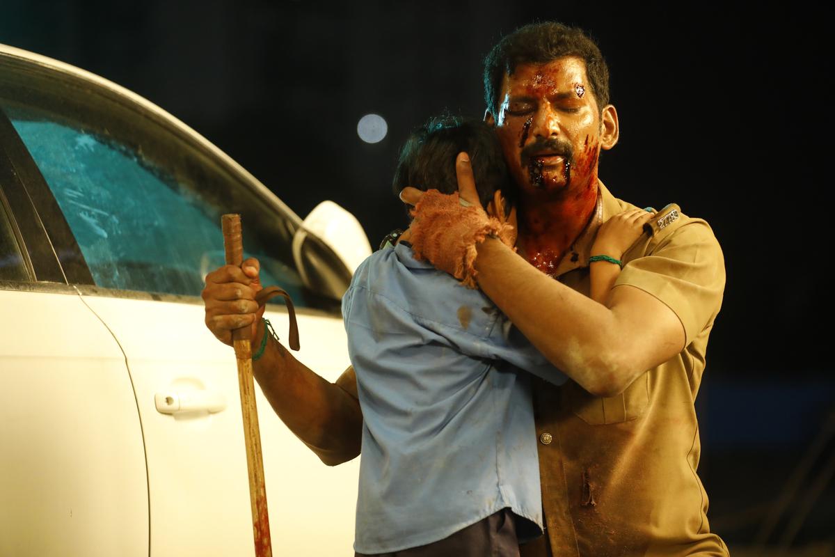 A still of Vishal from the sets of ‘Laththi’