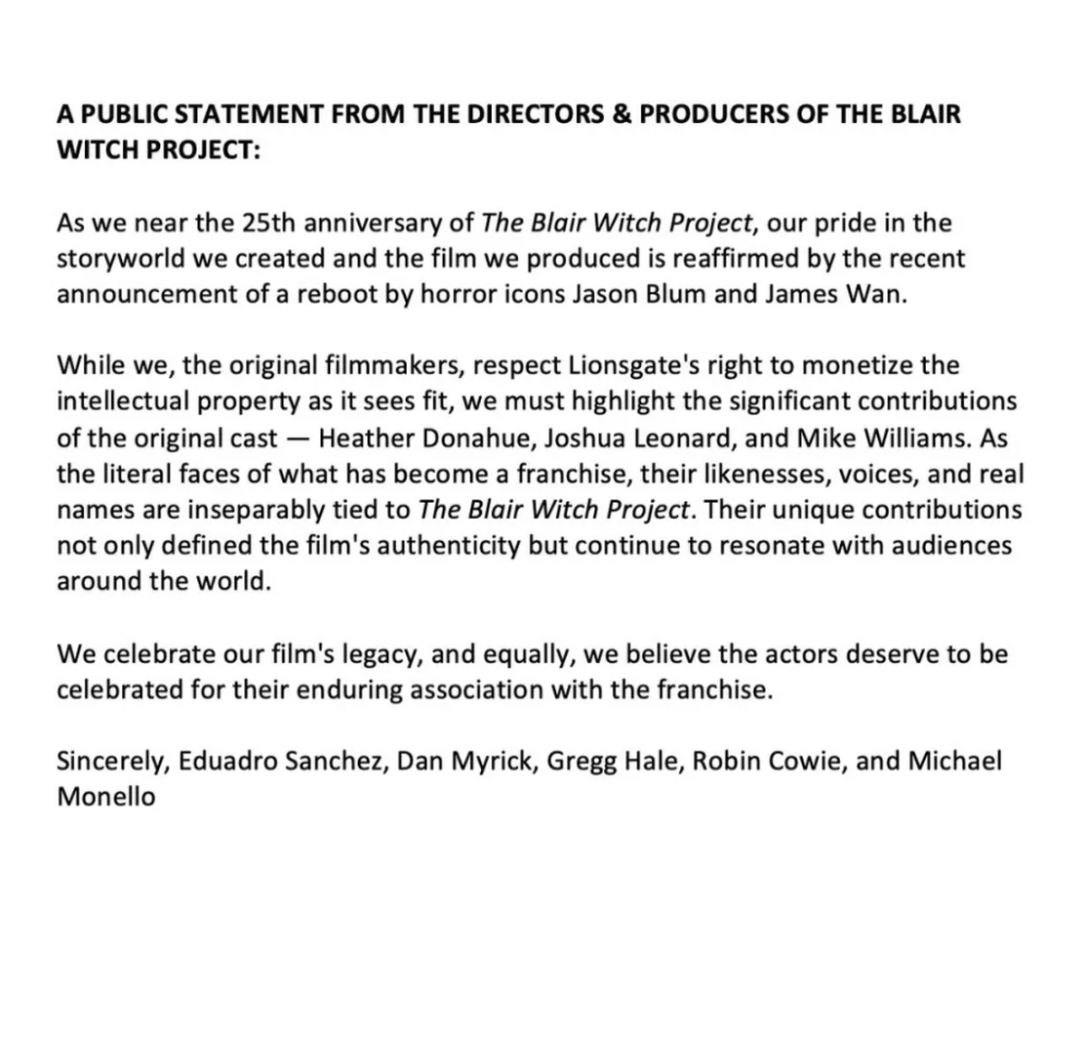 Statement from ‘The Blair Witch’ project directors and producers