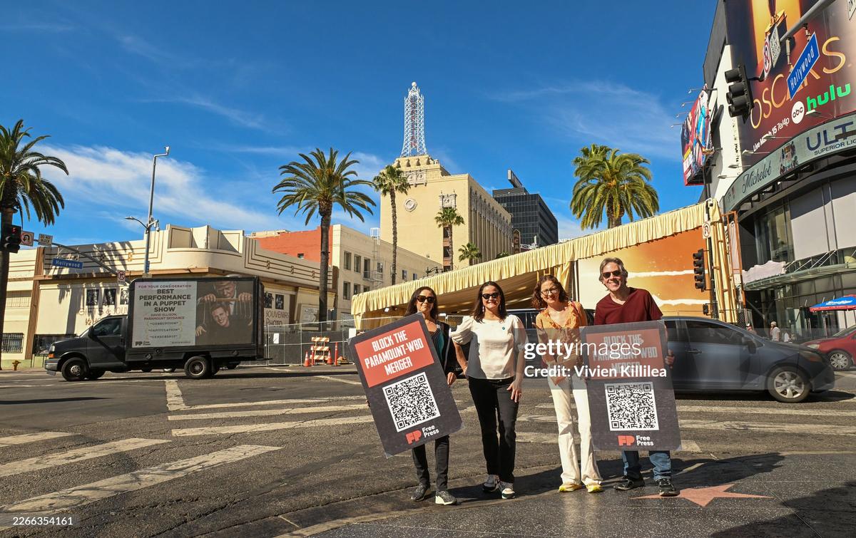 Protests against the Paramount-Warner Bros Merger via a billboard truck circling the Oscars on March 13, 2026 in Los Angeles, California.