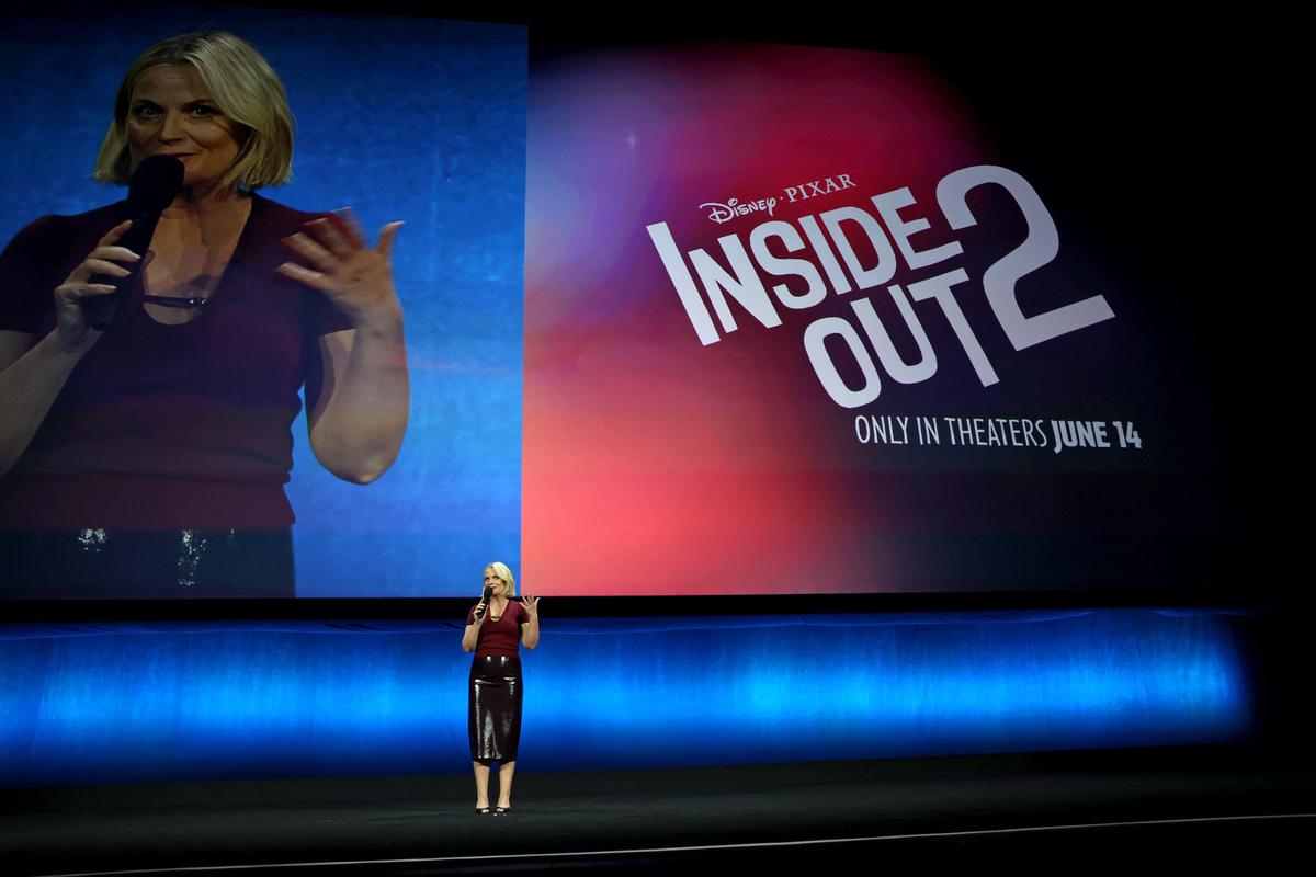 Amy Poehler speaks onstage during the Walt Disney Studios presentation at Cinemacon in Las Vegas, Nevada on April 11, 2024