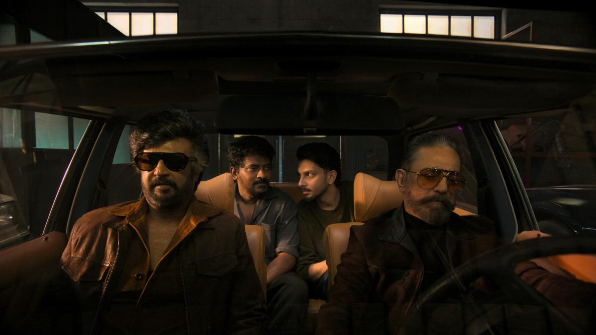 'केएच एक्स आरके' के प्रोमो के एक दृश्य में रजनीकांत, नेल्सन, अनिरुद्ध और कमल हासन