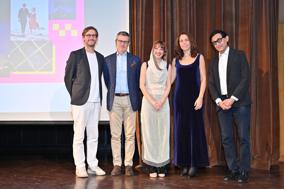 (R-L) Lithuanian director Tomas Vengris, Ambassador of the European Union to India Hervé Delphin, Italian actress Yile Yara Vianello, festival curator Veronica Flora, and India Habitat Centre president Sunit Tandon; pose for a photo at the opening night of the EUFF 2024