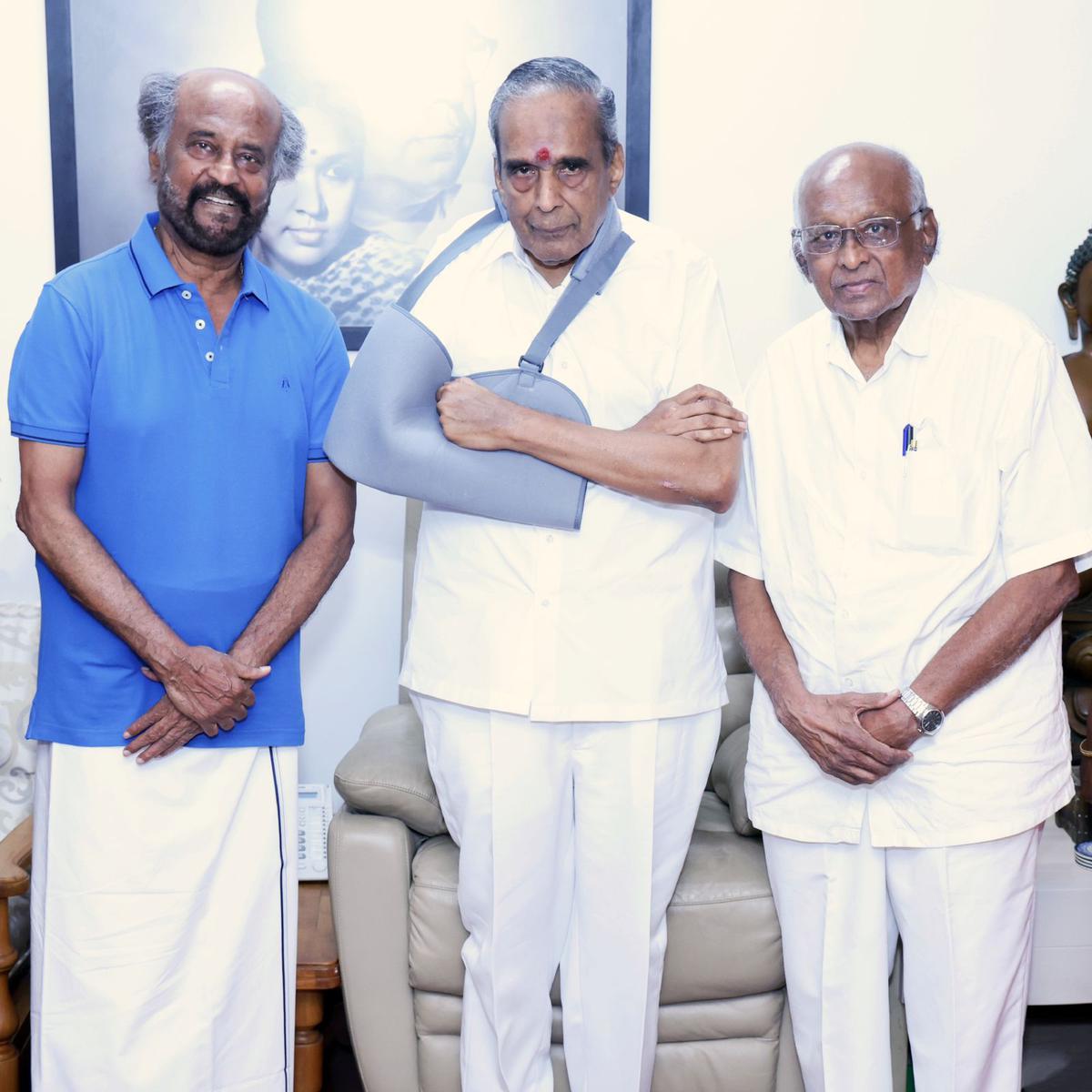 (L-R) Rajinikanth, AVM Saravanan and SP Muthuraman