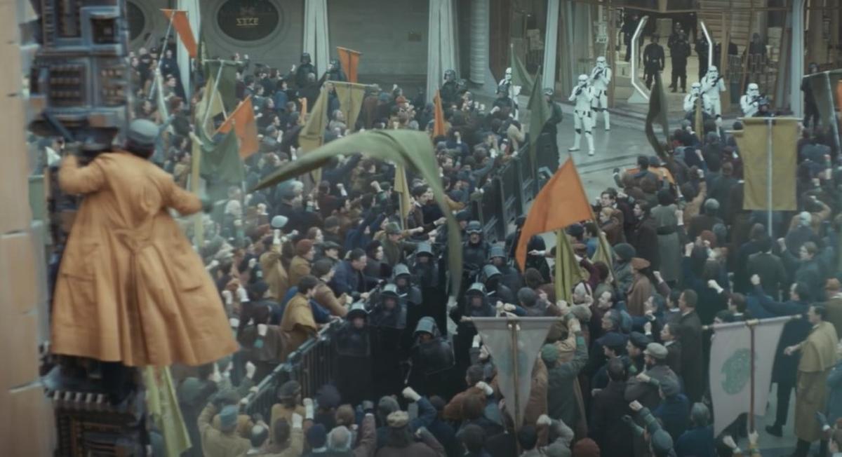 Ghorman protestors at the plaza in Palmo in a still from ‘Andor