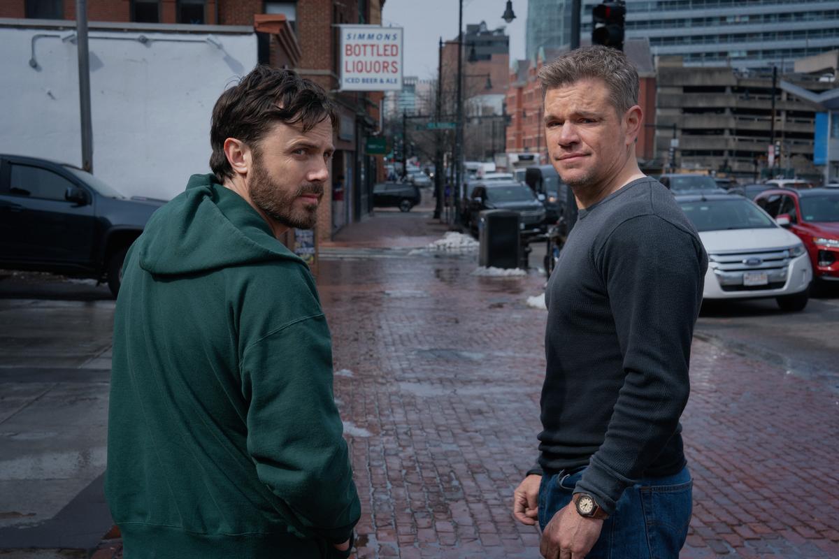 This image released by Apple TV shows Matt Damon, left, and Casey Affleck in a scene from ‘The Instigators’