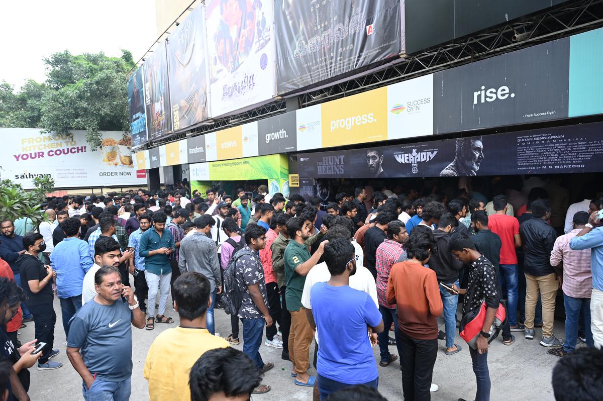 Fans gather outside PVR Sathyam Cinemas to watch a show of ‘Leo’