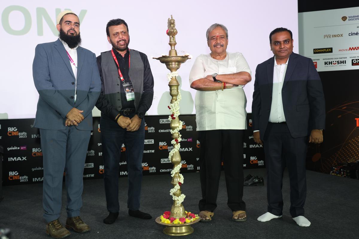 Yusuf Galabhaiwala of GTC Industries, Sandeep Mittal of TheatreWorld, R Panneerselvam of TN Exhibitors Association and Raghavendra T of Big Cine Expo at the inaugural ceremony