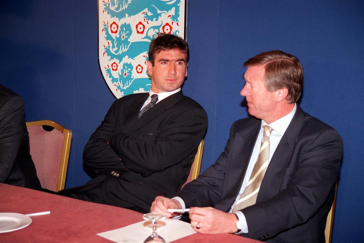 Eric Cantona disciplinary hearing, 1995. Cantona sits with Alex Ferguson, in a still from the documentary ‘Cantona’.