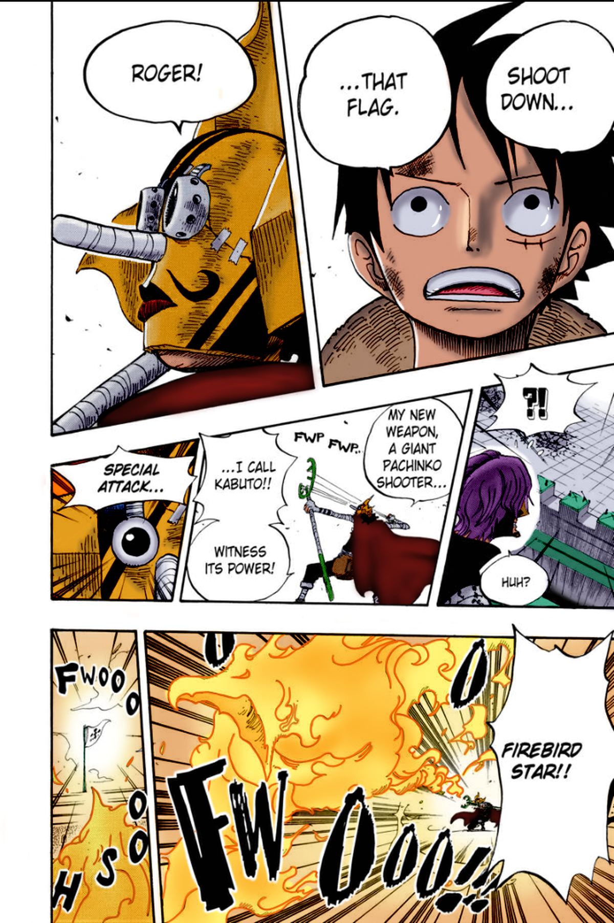 A panel from the ‘One Piece’ manga depicts Monkey D. Luffy ordering his crewmate Usopp to shoot down the flag of the World Government A panel from the ‘One Piece’ manga depicts Monkey D. Luffy ordering his crewmate Usopp to shoot down the flag of the World Government