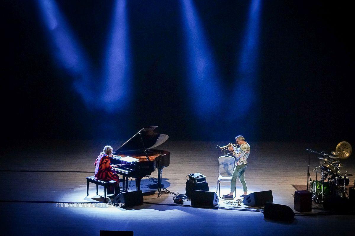 Paolo Fresu, Rita Marcotulli and Trilok Gurtu performing at the concert. hosted by the Italian Consulate at Prestige Srihari Khoday Centre for Performing Arts in Bengaluru in 2024. 