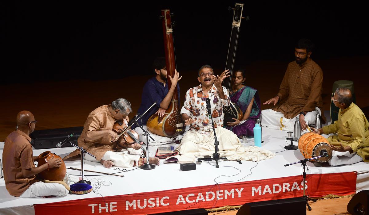 T.M. Krishna with R.K. Shriramkumar on the violin, K. Arun Prakash on the mridangam and N. Guruprasad on the ghatam at the special concert for Tyagaraja Aradhana that took place on February 4, 2024 at the Music Academy, Chennai. 