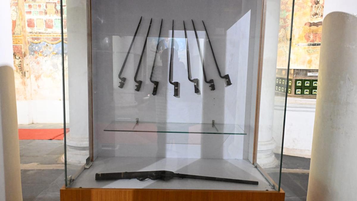 Weapons preserved inside a glass cabinet at Ramalinga Vilas Palace Museum in Ramanathapuram.