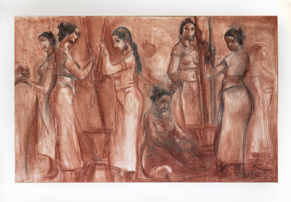 Vasudevan Namboothiris’ art piece depicting women engaged in daily chores.
