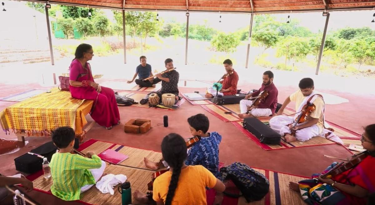 A violin session being conducted by N. Rajam at the gurukul.   A violin session being conducted by N. Rajam at the gurukul.
