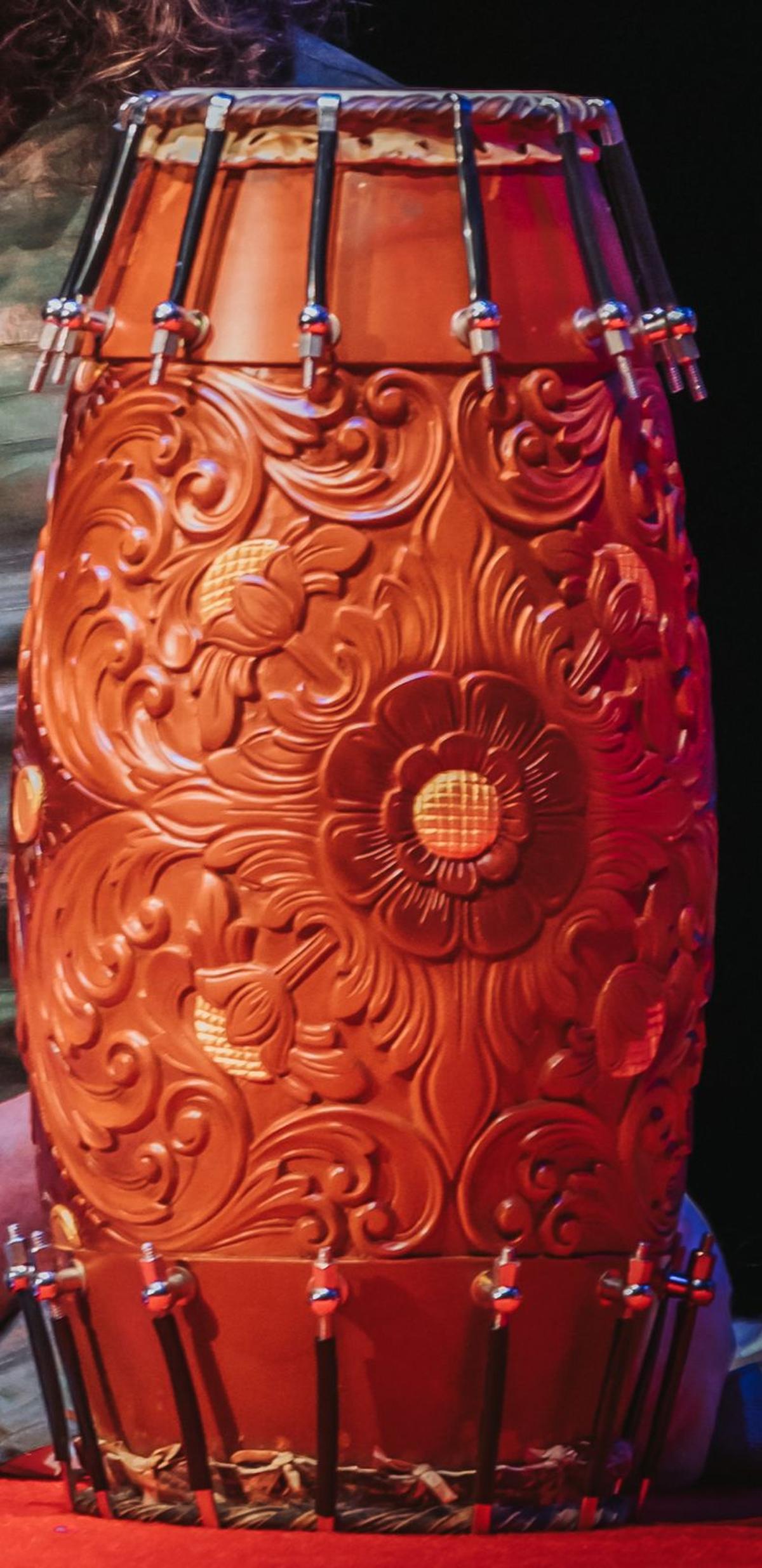 An intricately carved mridangam of Patri Satishkumar. 